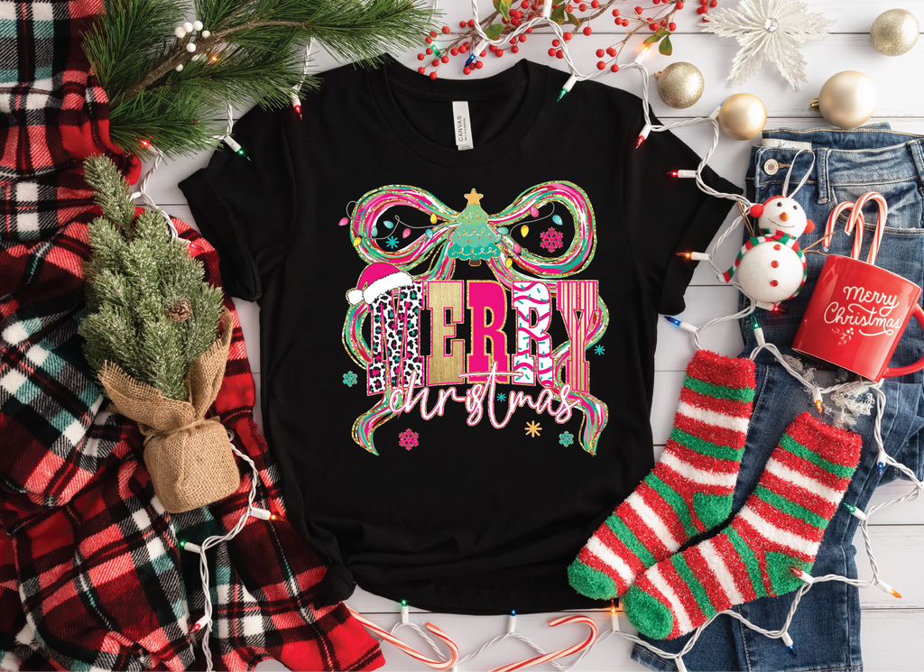Merry Christmas Doodle Bow- Graphic T-Shirt – This That Boutique