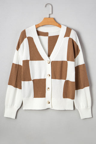 Khaki Checkered Pattern Button V Neck Ribbed Knit Cardigan