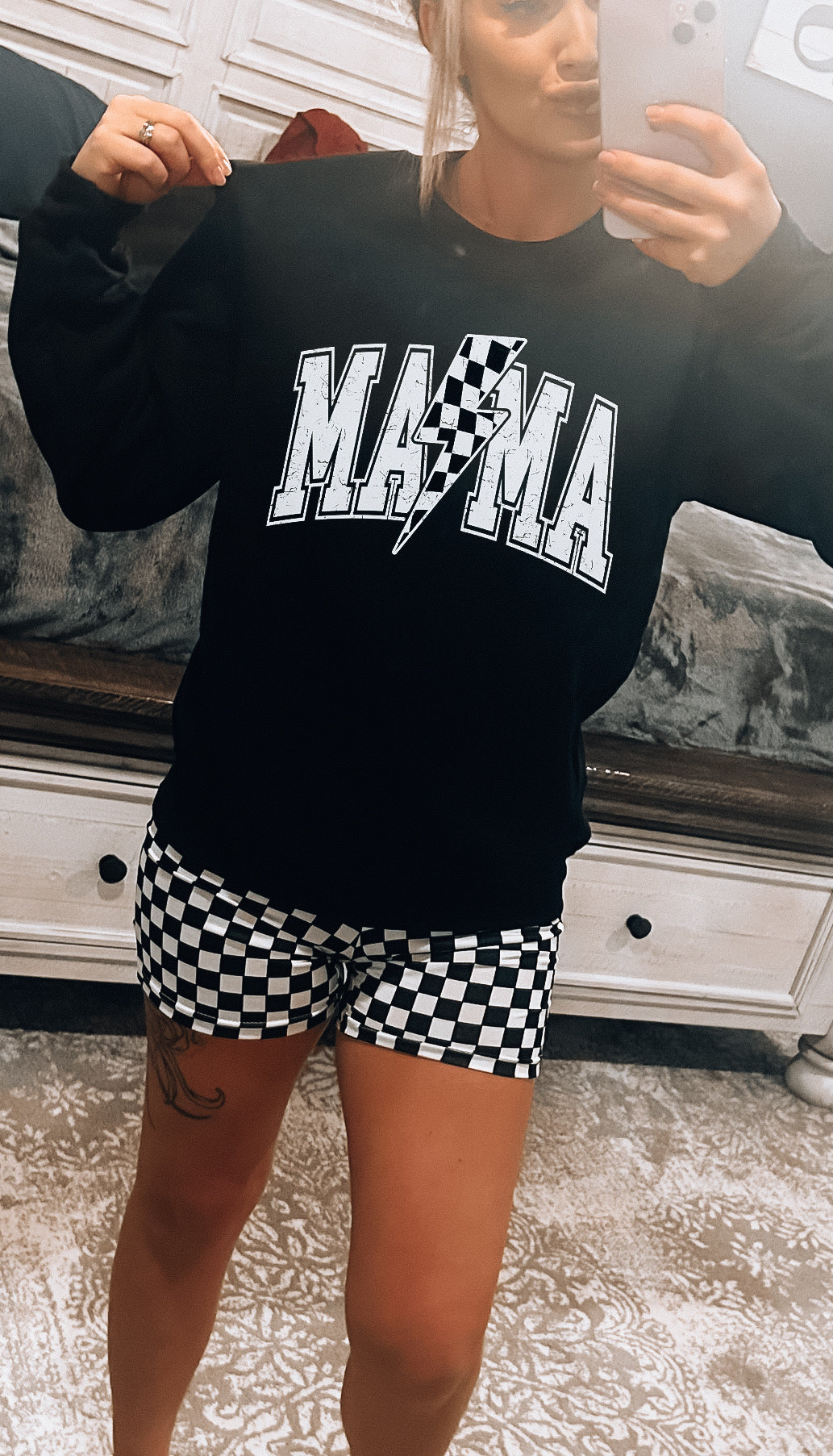 Checkered Lightning Mama on Black Sweatshirt