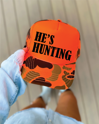 He's Hunting DTF Printed Orange Camo and Orange Trucker Hat