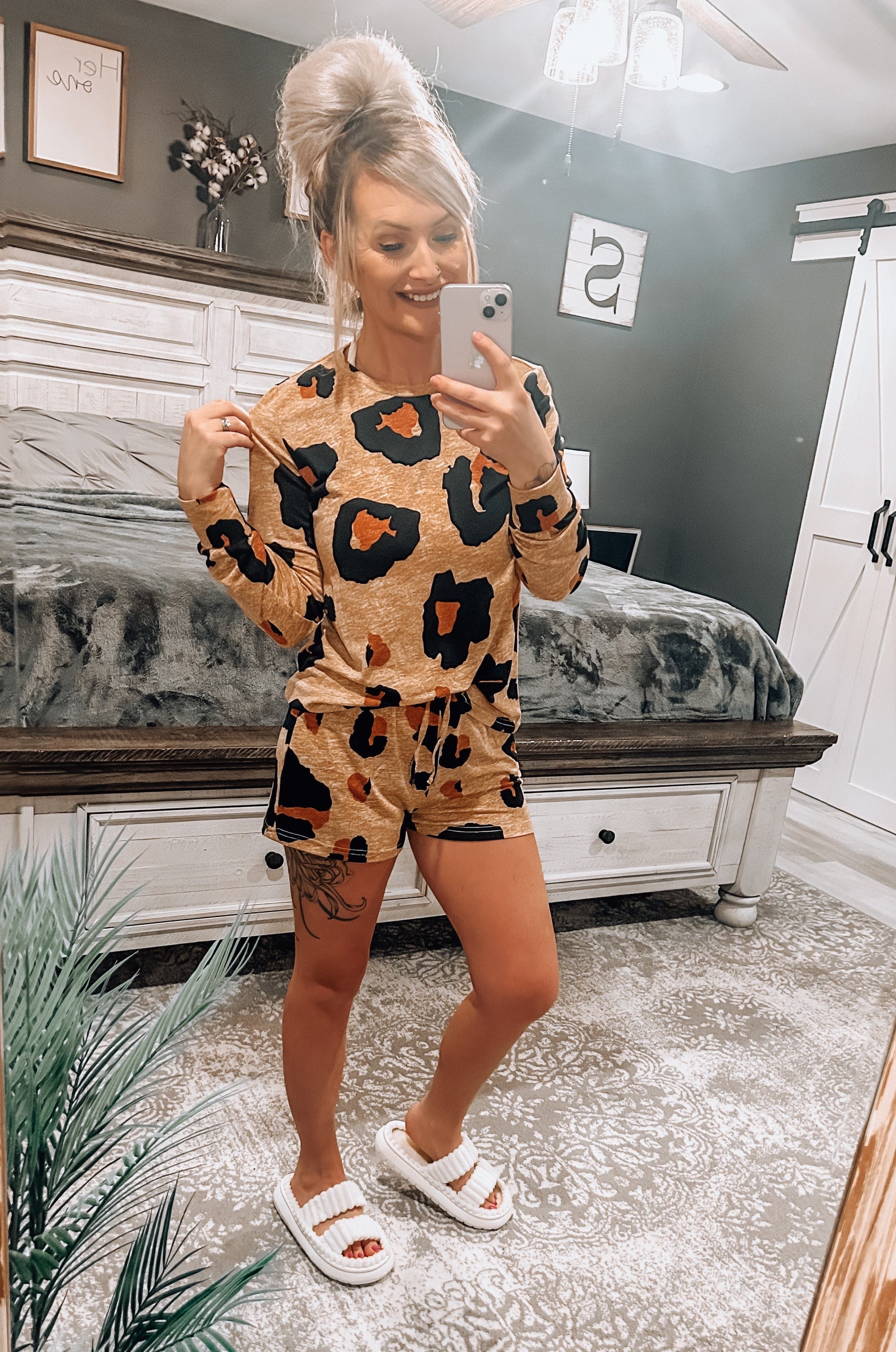 Leopard Long Sleeve Top and Shorts Set