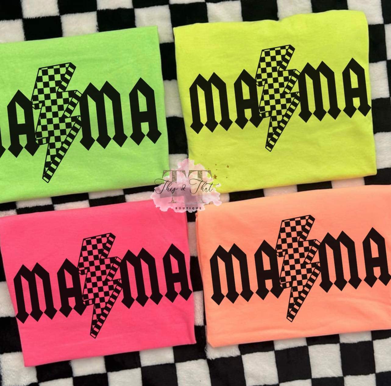Mama Checkered Lightning Bolt on Neon Colors