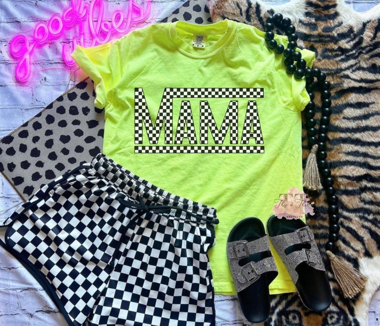 Mama Black & White Checked on Jerzee Neon Green