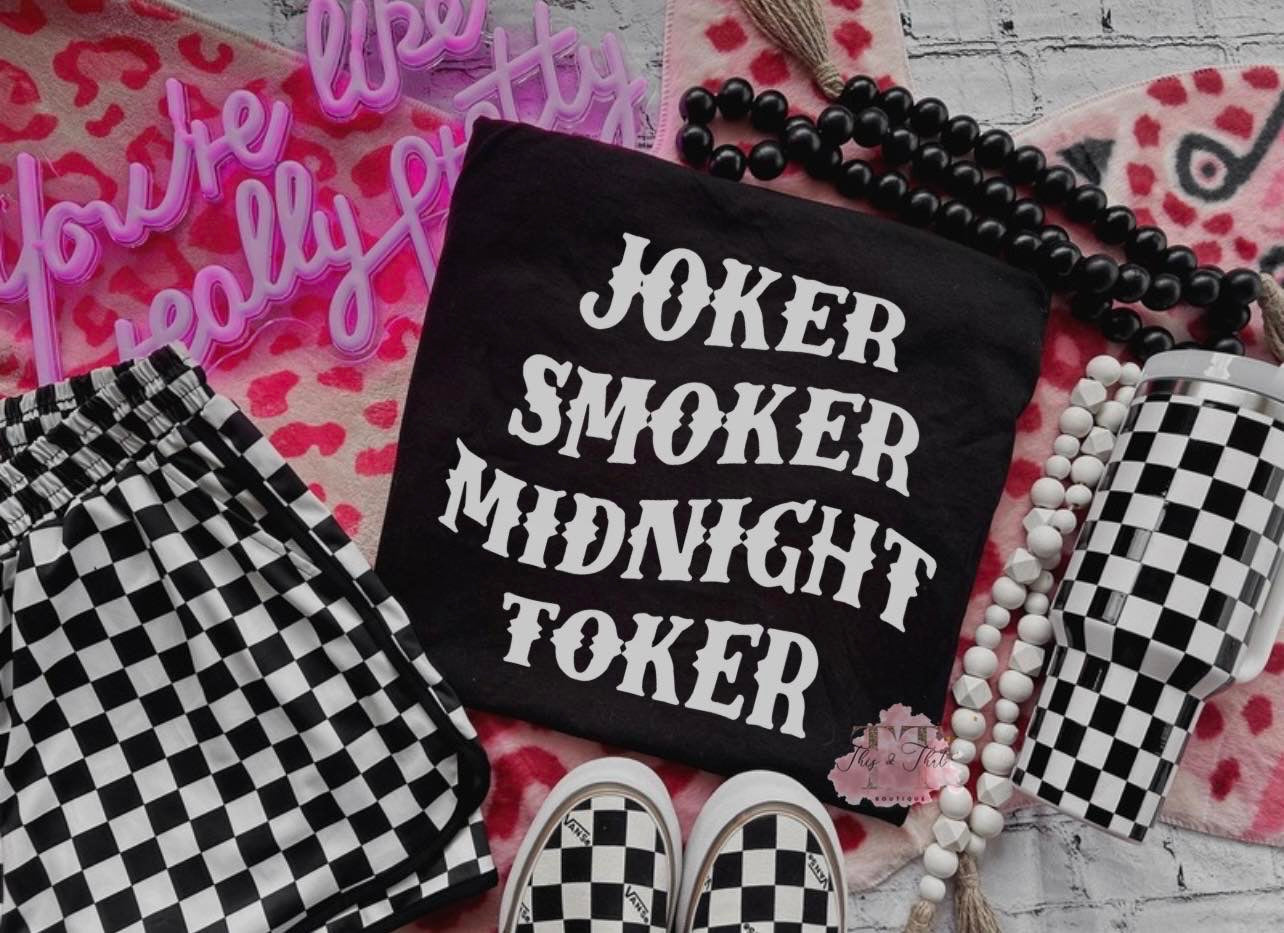 Joker Smoker Midnight Toker on Black Tee front design