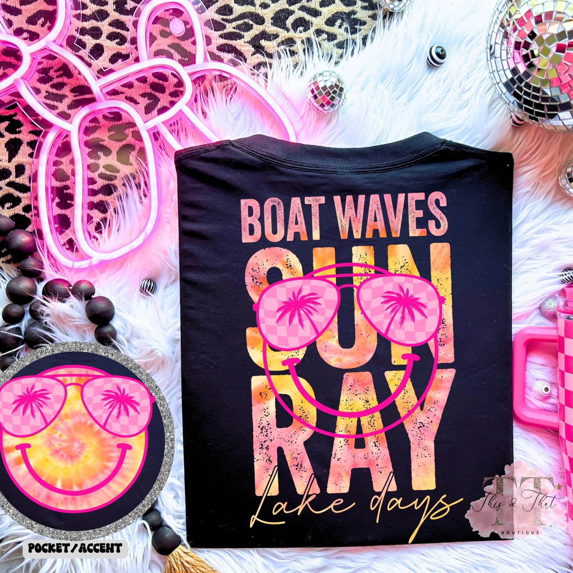 Boat Waves Sun Ray Lake Days on a Black Tee