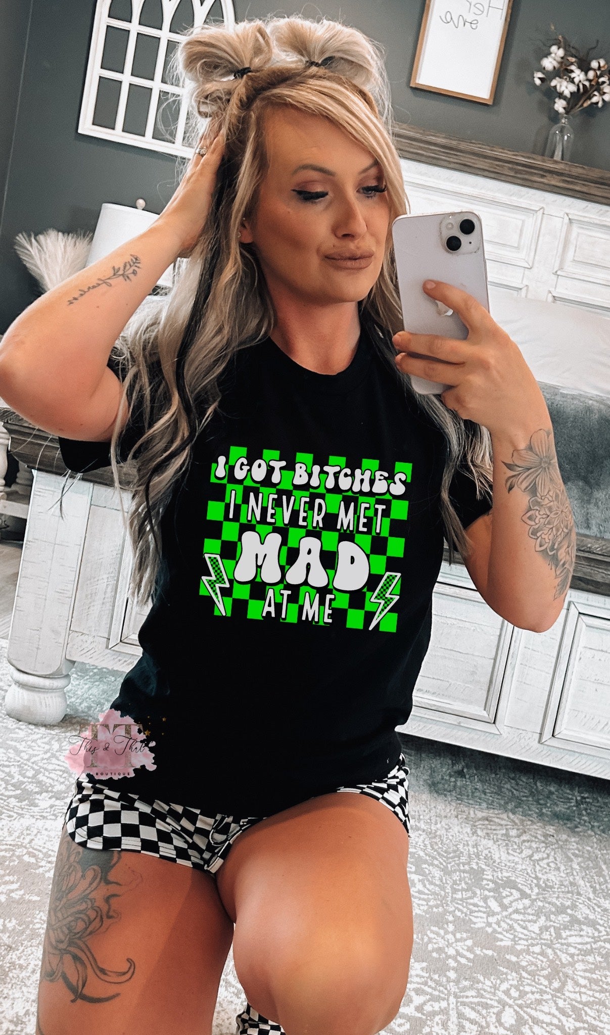 Mad At Me in Neon Green on Bella Black T-Shirt or Tank