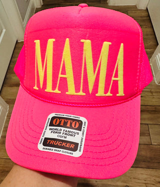 MAMA Puff Vinyl Neon Yellow 0n a Neon Pink Foam Trucker Hat