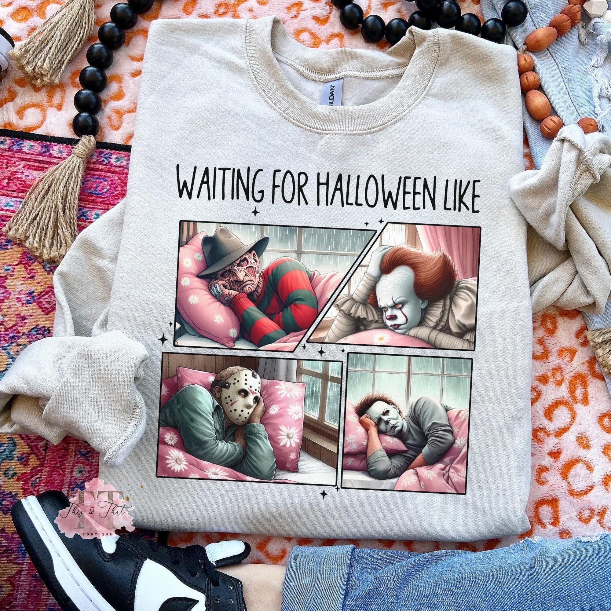 Waiting For Halloween Like on Gildan Sand Sweatshirt