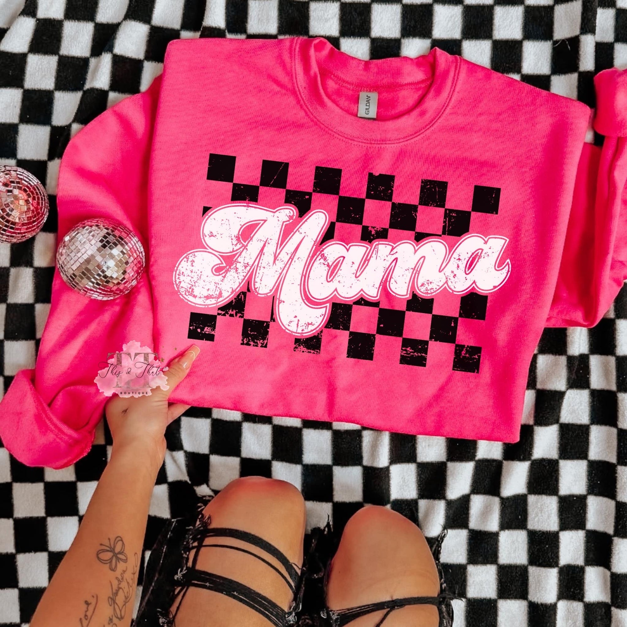 White Mama Black Check on a Safety Pink Sweatshirt