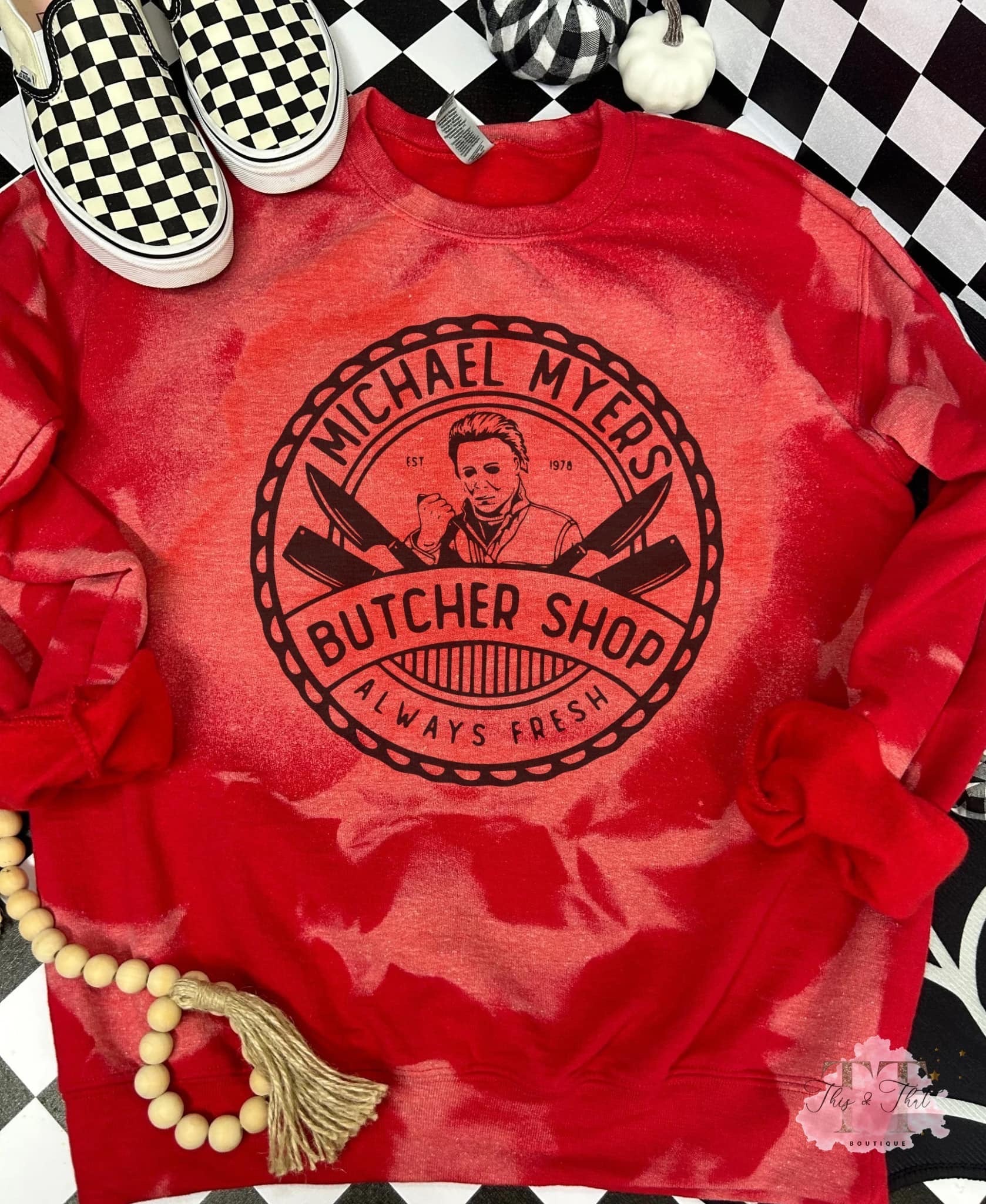 Butcher Shop on a Bleached Red Sweatshirt