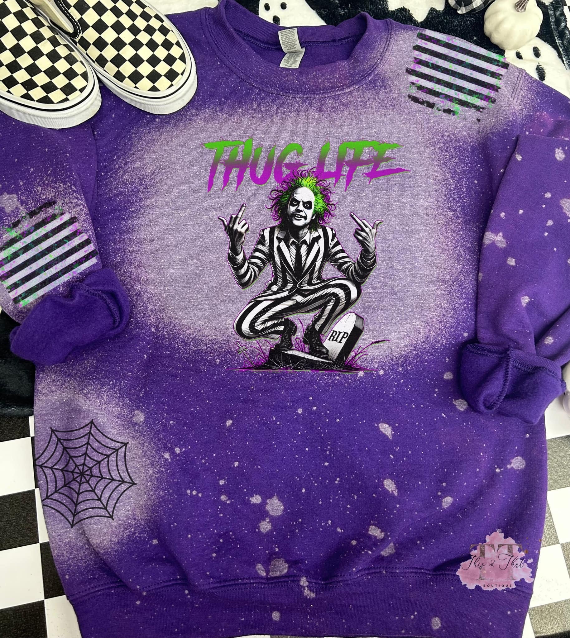 Beetlejuice Thug Life on a Hand Distressed Purple Sweatshirt