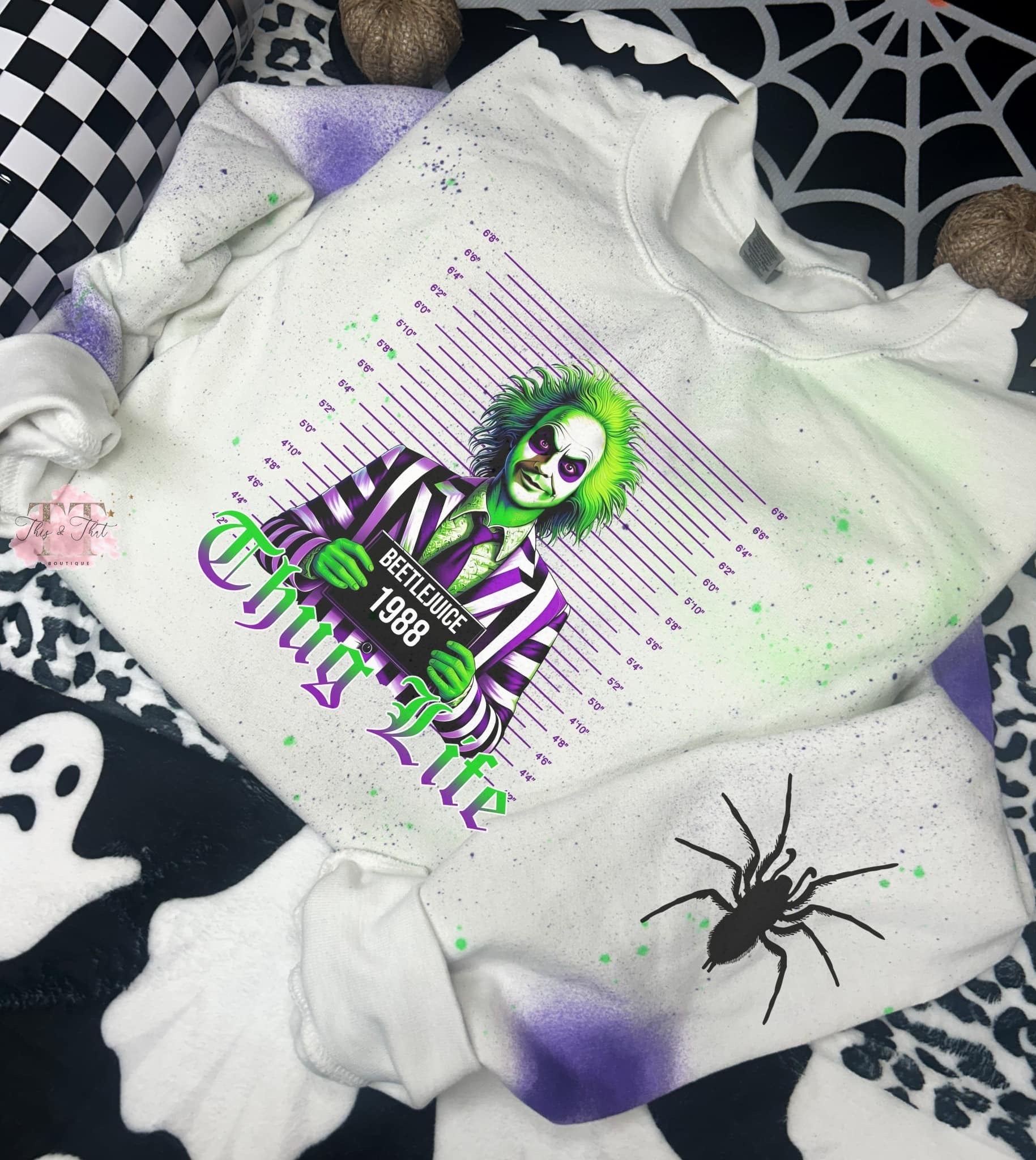 Beetlejuice Thug Life on a Hand Distressed White Sweatshirt