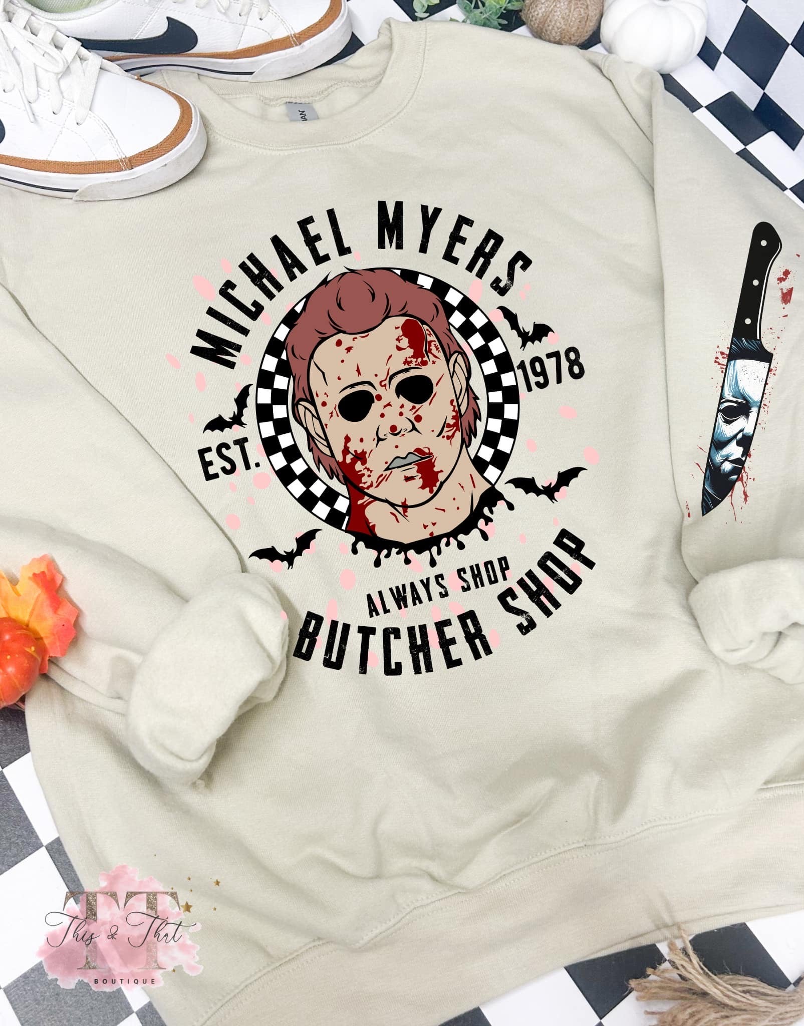 Michael Myers Butcher Shop on Sand Sweatshirt