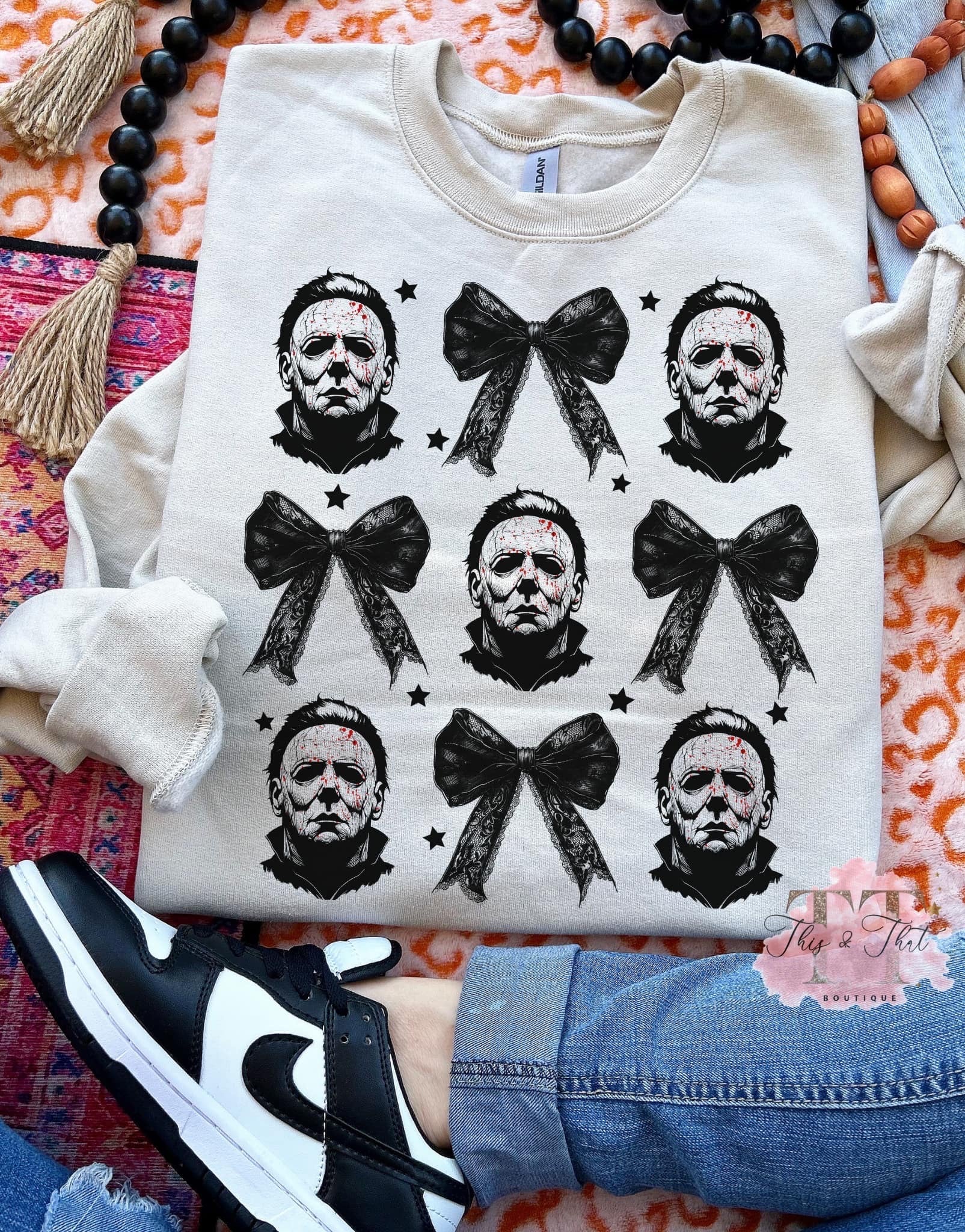 Michael Myers with Black Bows on Sand Sweatshirt