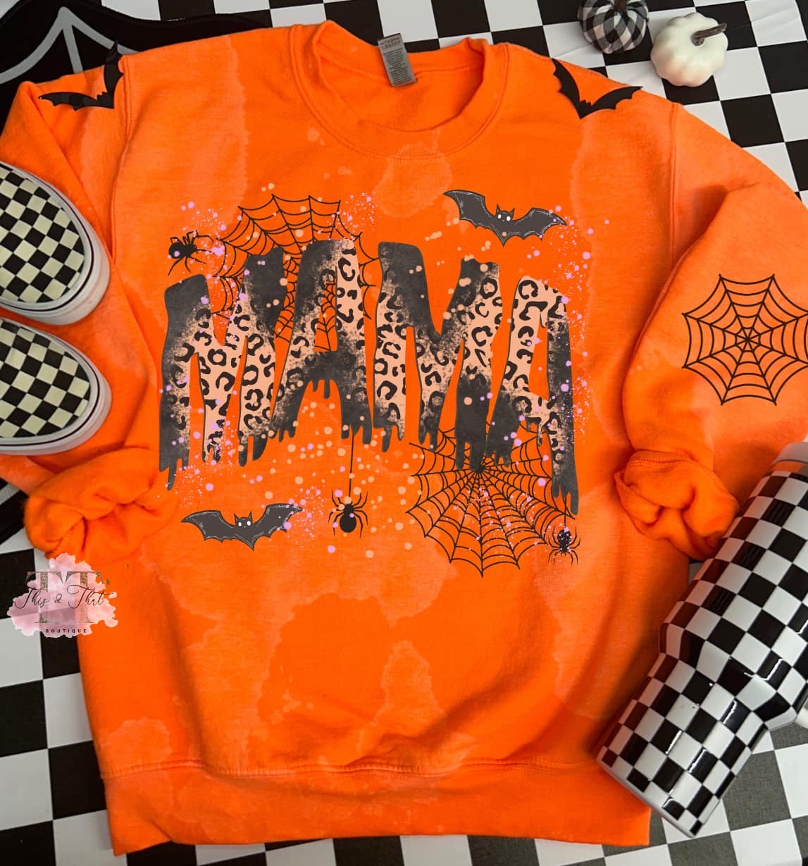 Batty Mama on a Bleached Orange Sweatshirt