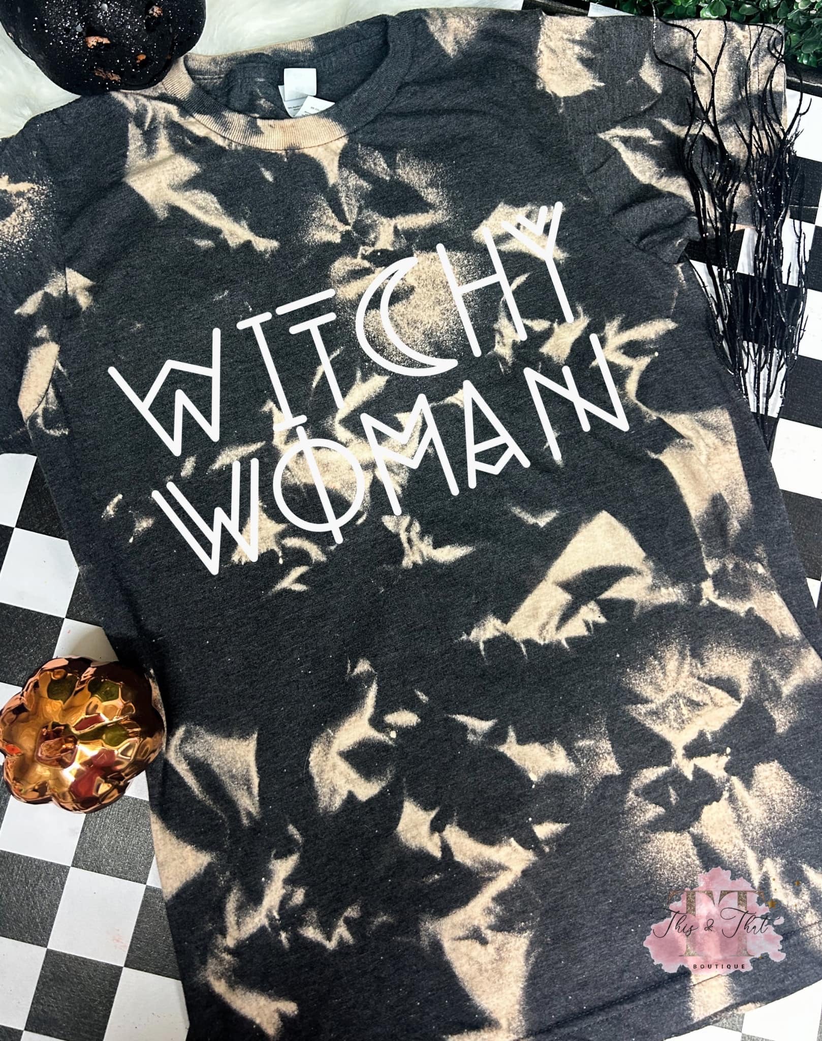 Witchy Woman on a Bleached Charcoal Tultex Tee