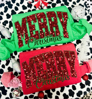 Merry Christmas Faux Sequin Design (Not actual sequins or patches)