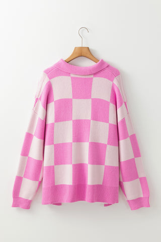 Pink Checkered Button Collared Sweater