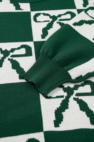 Blackish Green Bow Print Checkered Knit Sweater