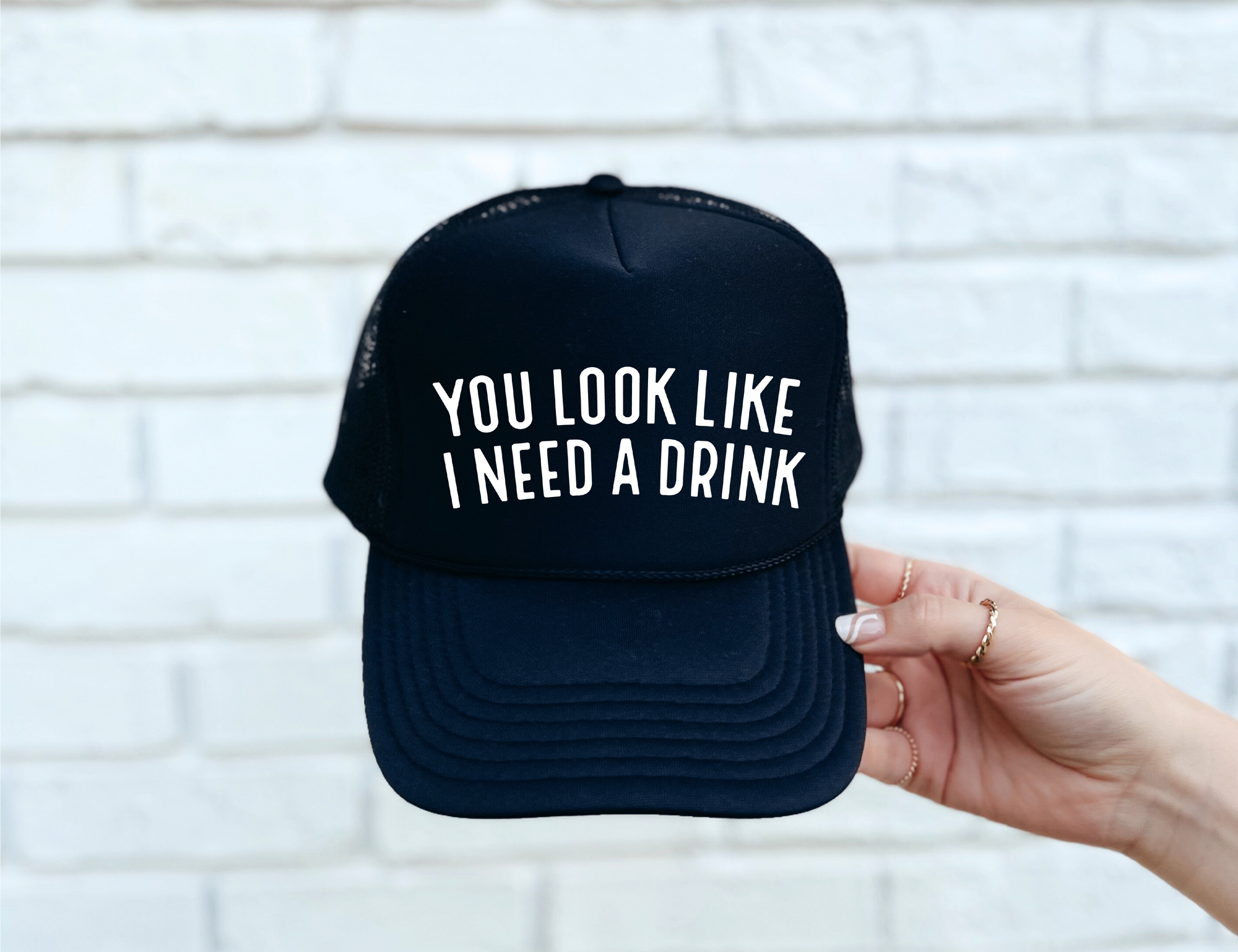 I Need A Drink DTF Printed Black Trucker Hat