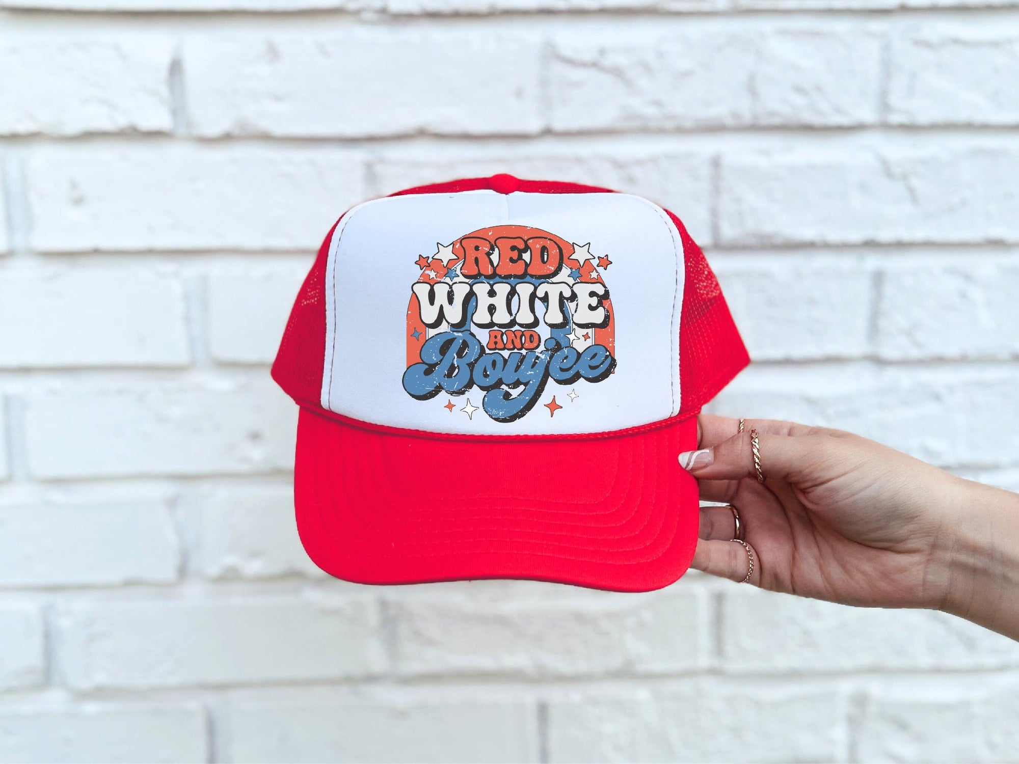 Red, White, & Boujee DTF Printed Red & White Trucker Hat