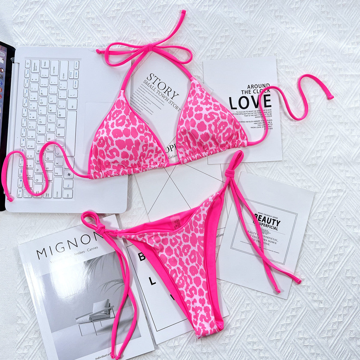 Leopard Print Halter Neck Tie Side Bikini Set - This & That Boutique