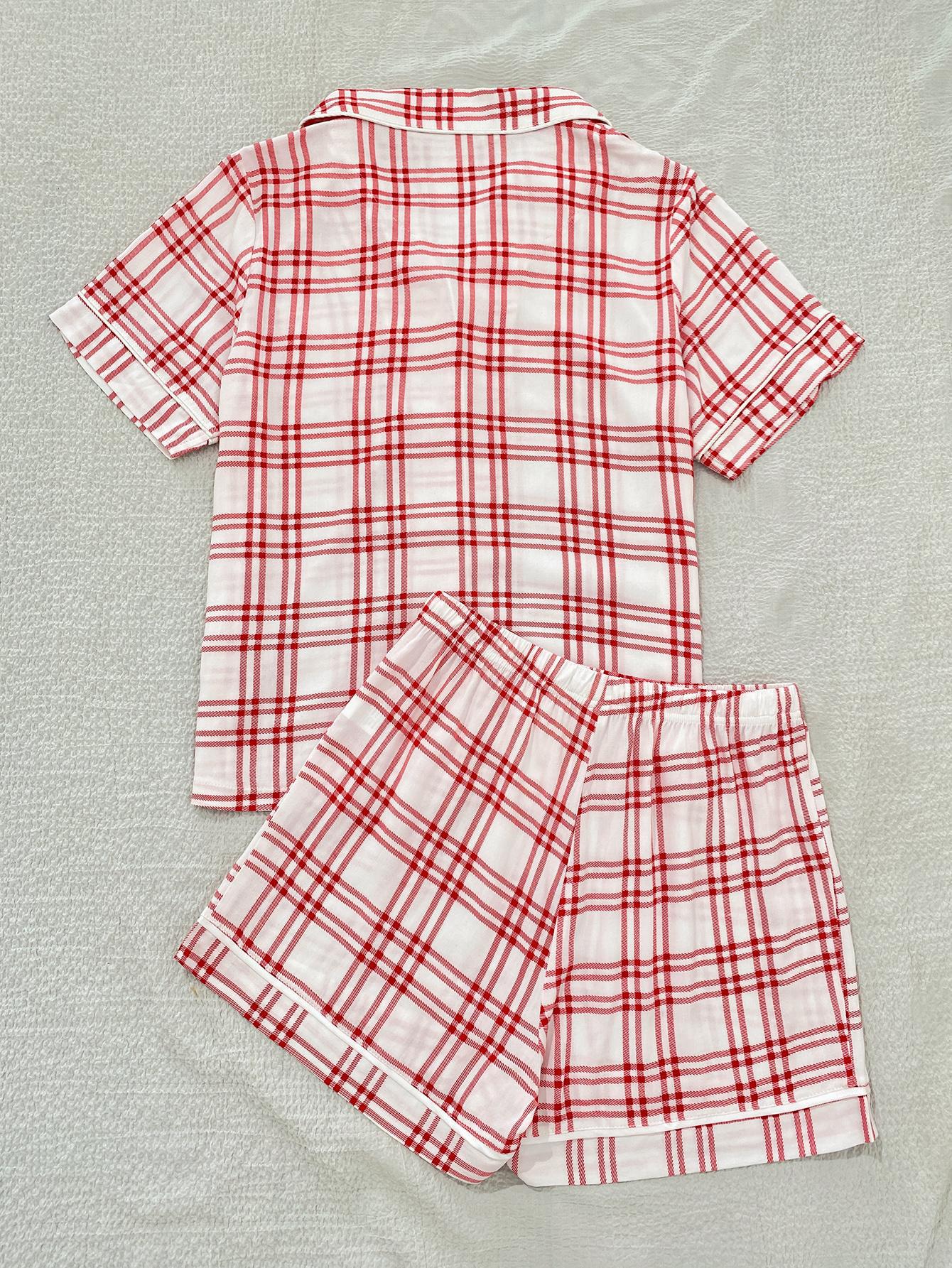 Red tartan pajamas with lapel collar