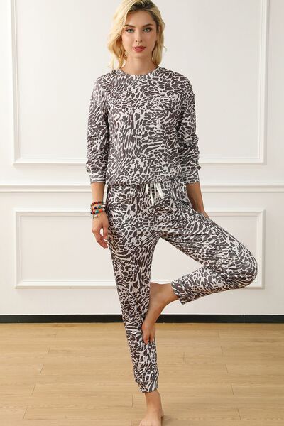 Leopard Round Neck Top and Drawstring Pants Lounge Set